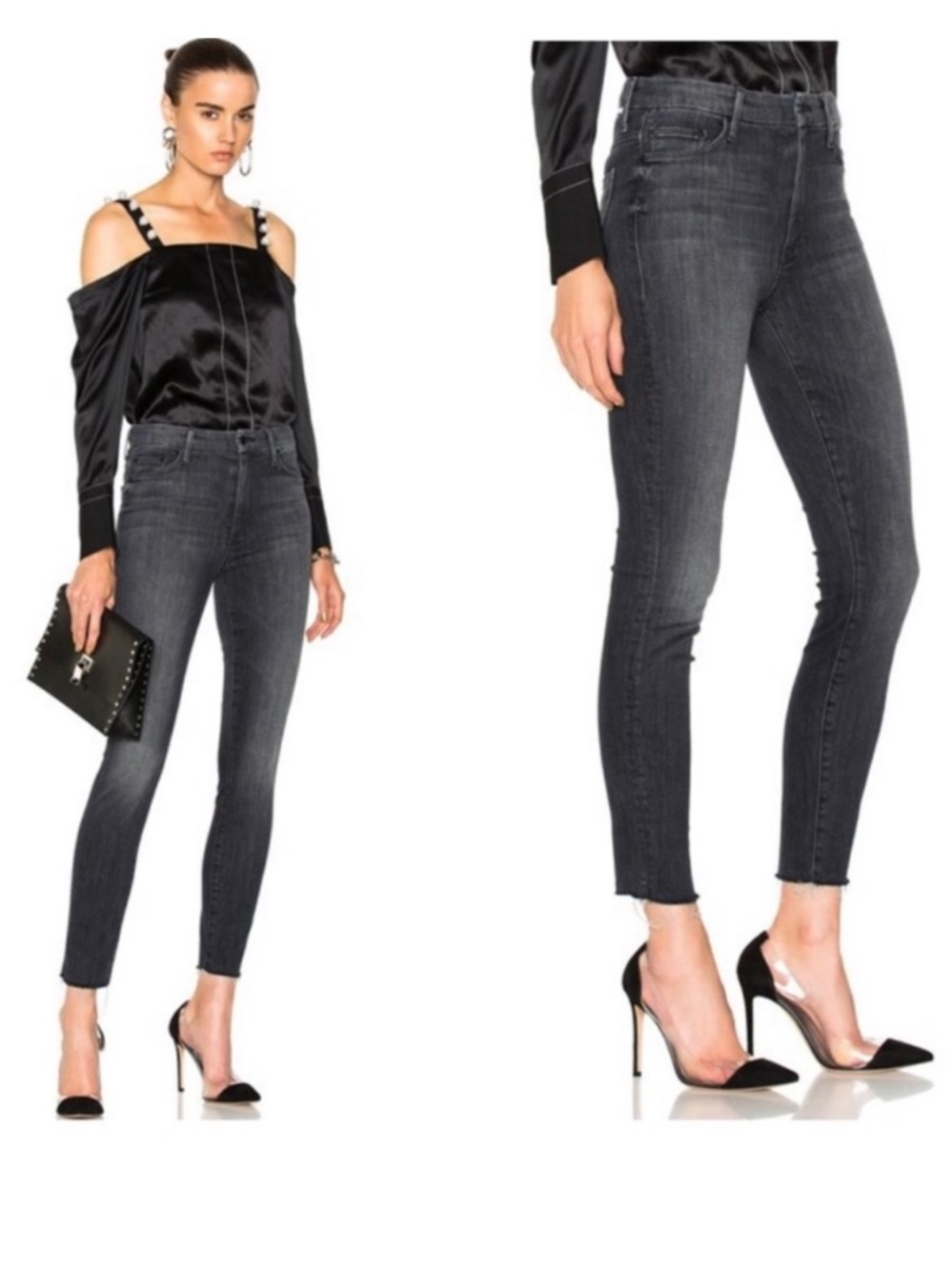 MOTHER Looker Jeans High Waisted Ankle Fray Size 27 Best Kept Secret Grey Black